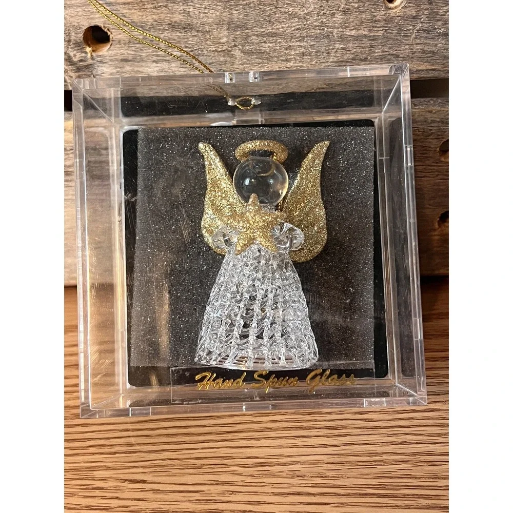 Glass Angel with Golden Wings Hand Spun Unique Treasure Vintage Sparkly Glittery
